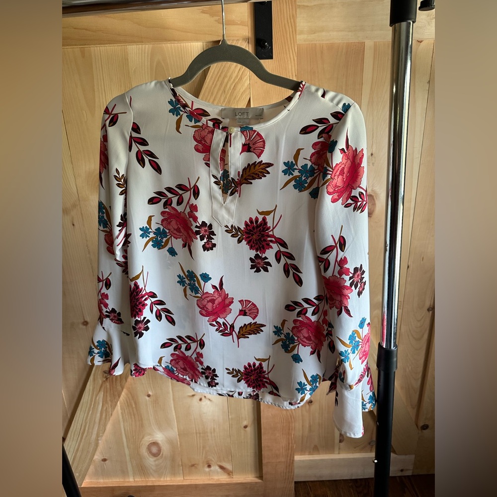 LOFT Floral Blouse in White with Pink and Blue Accents